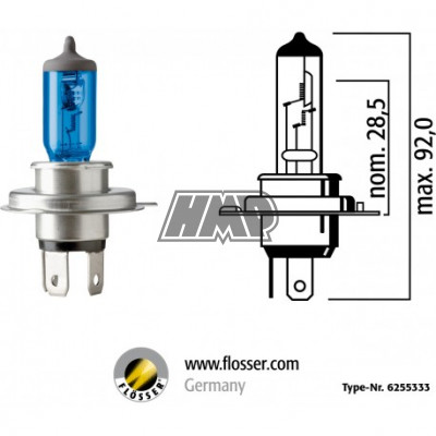 Lâmpada P43T 12V 60/55W H4 azul - FLÖSSER