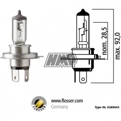 Lâmpada P43T 12V 60/55W H4 MEGA + 50% - FLÖSSER